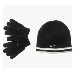 NWT Nike Youth Beanie Hat and Glove Set Black with White Stripe One Size